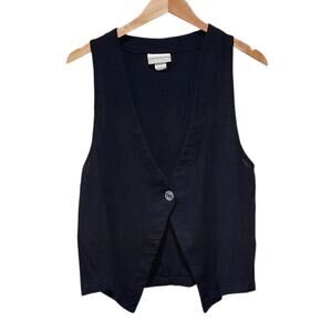 Vintage Black Single-Button Sleeveless V-Neck Vest